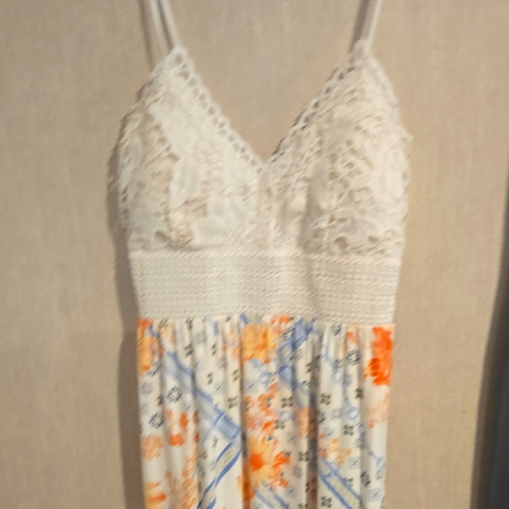 Floral Lace Dress with Orange and Blue Accents